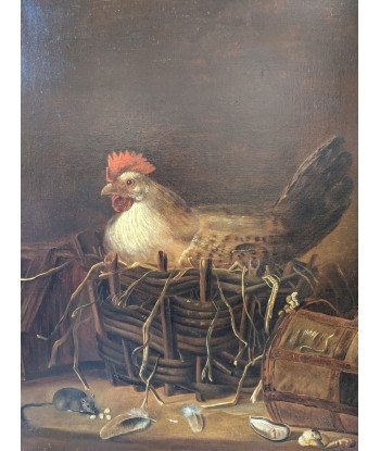 Huile sur toile XIXe Poule et souris dans le poulailler trace de signature acheter