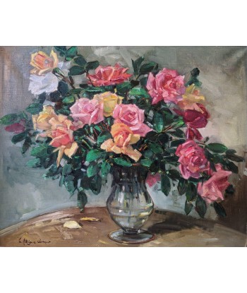 Eduardo RODRIGUEZ-SAMPER (1922) huile sur toile Nature morte au bouquet de roses l'évolution des habitudes 