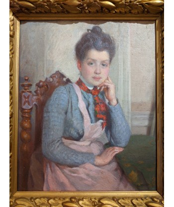 G.WARNER (XIXe-XXe) portrait d’une jeune femme a la cravate rouge circa 1900 Voir les baskets