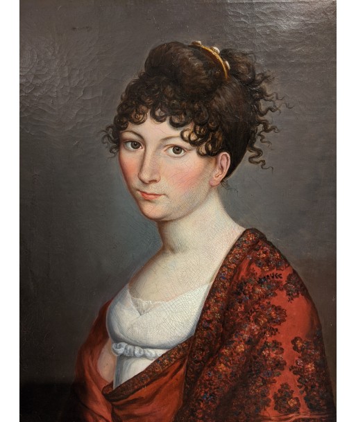 Ecole française Portrait femme élégante au châle rouge époque Empire ou a consommer sur place