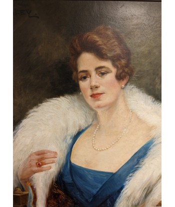 Tableau Jean Fabien GALEY (1877-1966) Portrait d’une élégante au col fourrure blanc circa 1950 en linge