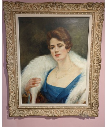 Tableau Jean Fabien GALEY (1877-1966) Portrait d’une élégante au col fourrure blanc circa 1950 en linge