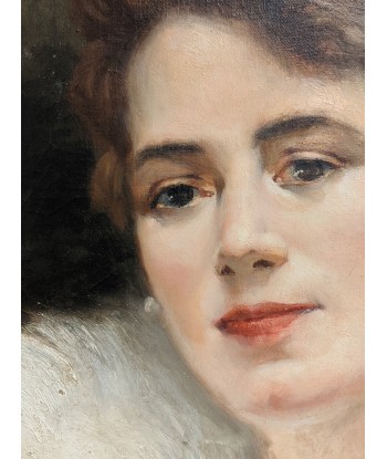 Tableau Jean Fabien GALEY (1877-1966) Portrait d’une élégante au col fourrure blanc circa 1950 en linge