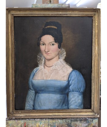 Ecole française début XIXe portrait d’une femme robe bleue et dentelles Epoque Empire de pas cher