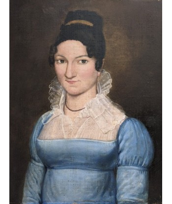 Ecole française début XIXe portrait d’une femme robe bleue et dentelles Epoque Empire de pas cher