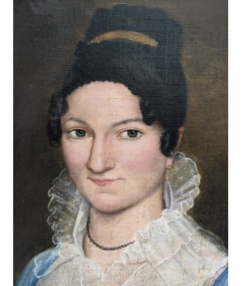 Ecole française début XIXe portrait d’une femme robe bleue et dentelles Epoque Empire de pas cher