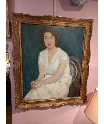 Tableau XXe portrait d’une femme assise en robe blanche vers 1950 JUSQU'A -70%! 