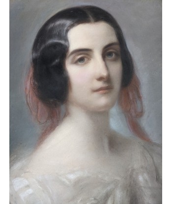 Portrait d’une jeune femme au foulard rouge dans un ovale vers 1860 français