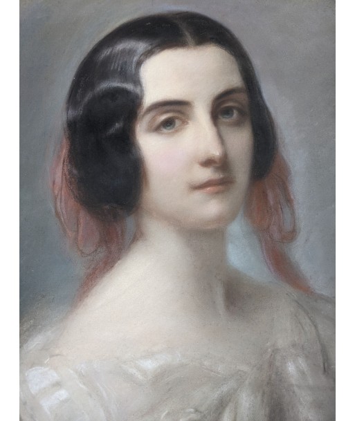 Portrait d’une jeune femme au foulard rouge dans un ovale vers 1860 français