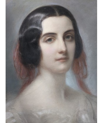 Portrait d’une jeune femme au foulard rouge dans un ovale vers 1860 français