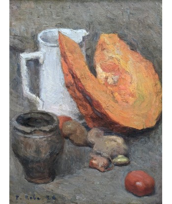 Tableau post impressionniste P.Robe (XIXe-XXe)  nature morte au potiron et pichet blanc 1926 votre