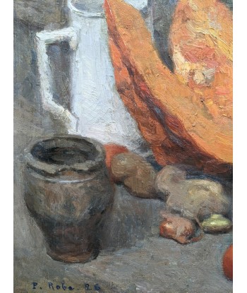 Tableau post impressionniste P.Robe (XIXe-XXe)  nature morte au potiron et pichet blanc 1926 votre