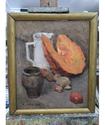 Tableau post impressionniste P.Robe (XIXe-XXe)  nature morte au potiron et pichet blanc 1926 votre