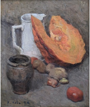 Tableau post impressionniste P.Robe (XIXe-XXe)  nature morte au potiron et pichet blanc 1926 votre