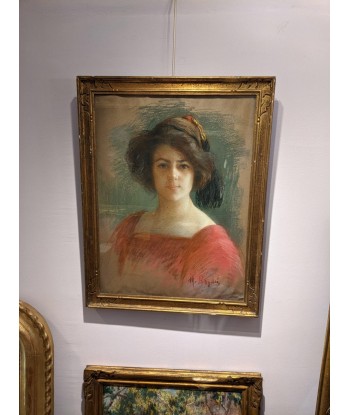 Ecole française fin XIXe portrait jeune femme en rouge en stock