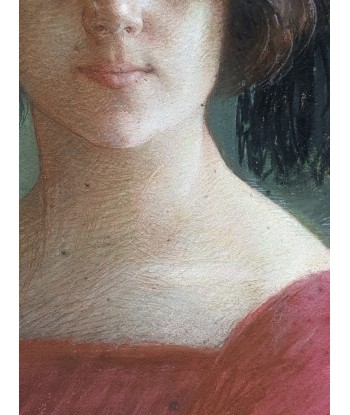 Ecole française fin XIXe portrait jeune femme en rouge en stock