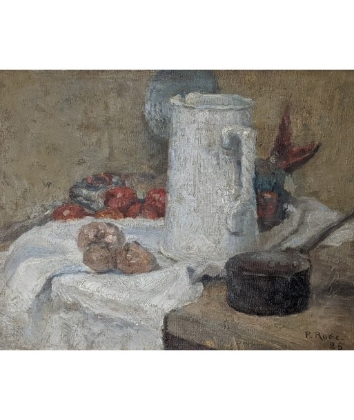 Ecole française P.ROBE (XIXe-XXe) nature morte au pichet et au poisson 1925 destockage