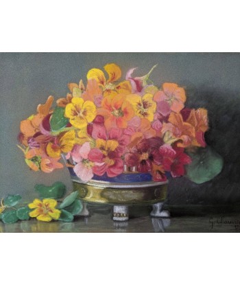 Ecole française Pastel de fleurs dans un pot en porcelaine - Germaine Chauvisé 1928 offre 