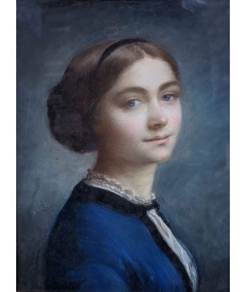 Ecole française Portrait dune jeune femme en bleu milieu XIXe de pas cher