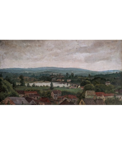 Ecole française paysage vue de village avec pont et fleuve Vers 1920 Comparez plus de prix