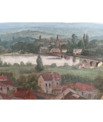 Ecole française paysage vue de village avec pont et fleuve Vers 1920 Comparez plus de prix