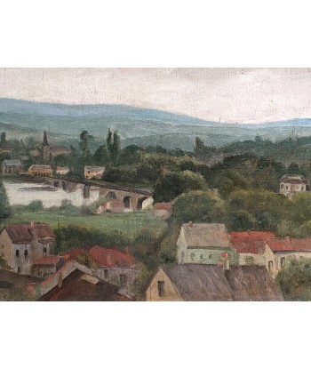 Ecole française paysage vue de village avec pont et fleuve Vers 1920 Comparez plus de prix