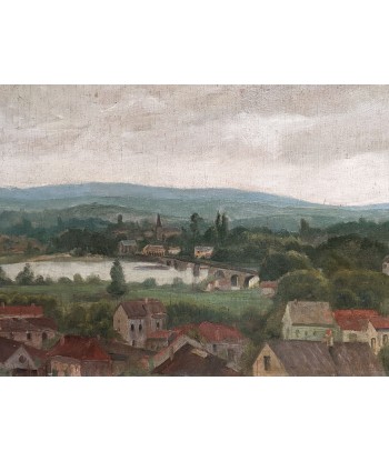 Ecole française paysage vue de village avec pont et fleuve Vers 1920 Comparez plus de prix