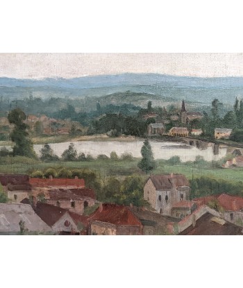 Ecole française paysage vue de village avec pont et fleuve Vers 1920 Comparez plus de prix