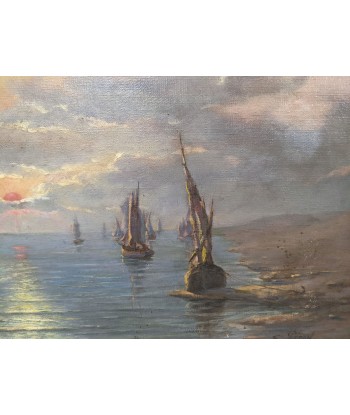 Ecole française Marine coucher de soleil sur les voiliers E.PÉRON circa 1900 le concept de la Pate a emporter 