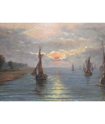 Ecole française Marine coucher de soleil sur les voiliers E.PÉRON circa 1900 le concept de la Pate a emporter 