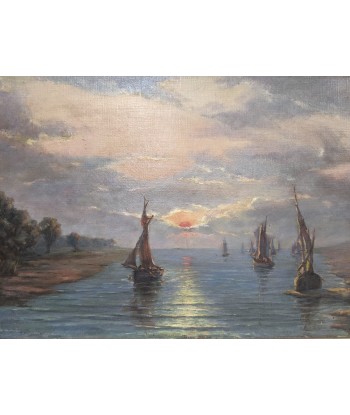 Ecole française Marine coucher de soleil sur les voiliers E.PÉRON circa 1900 le concept de la Pate a emporter 