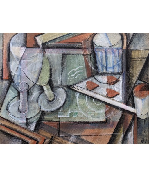 Albert COSTE (1895-1985) composition cubiste verres et carte à jouer circa 1940/1950 acheter en ligne