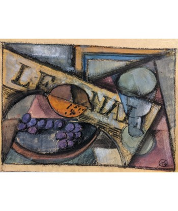 Albert COSTE (1895-1985) Nature morte au journal composition cubiste vers 1940/50 d'Europe débarque