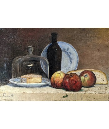 École française Nature morte fruits bouteille camenbert XIXe Venez acheter