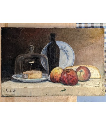 École française Nature morte fruits bouteille camenbert XIXe Venez acheter