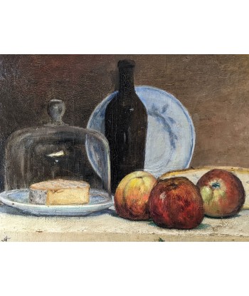 École française Nature morte fruits bouteille camenbert XIXe Venez acheter