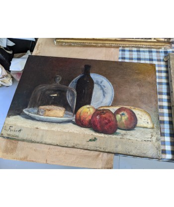 École française Nature morte fruits bouteille camenbert XIXe Venez acheter