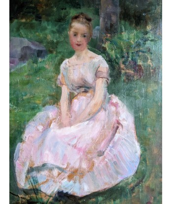 Emile TREMBLAY (1855-1935) femme assise en robe rose fin 19e Economisez 