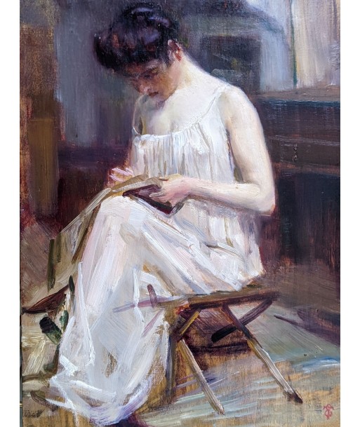 Emile TREMBLAY (1855-1935) Femme à la couture fin 19e destockage