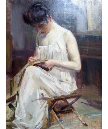 Emile TREMBLAY (1855-1935) Femme à la couture fin 19e destockage