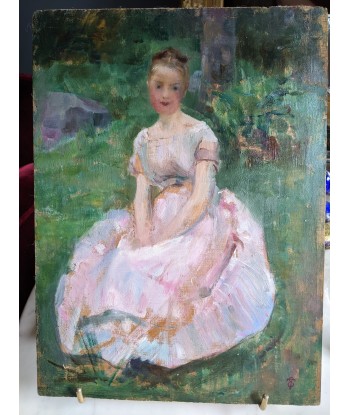 Emile TREMBLAY (1855-1935) femme assise en robe rose fin 19e Economisez 